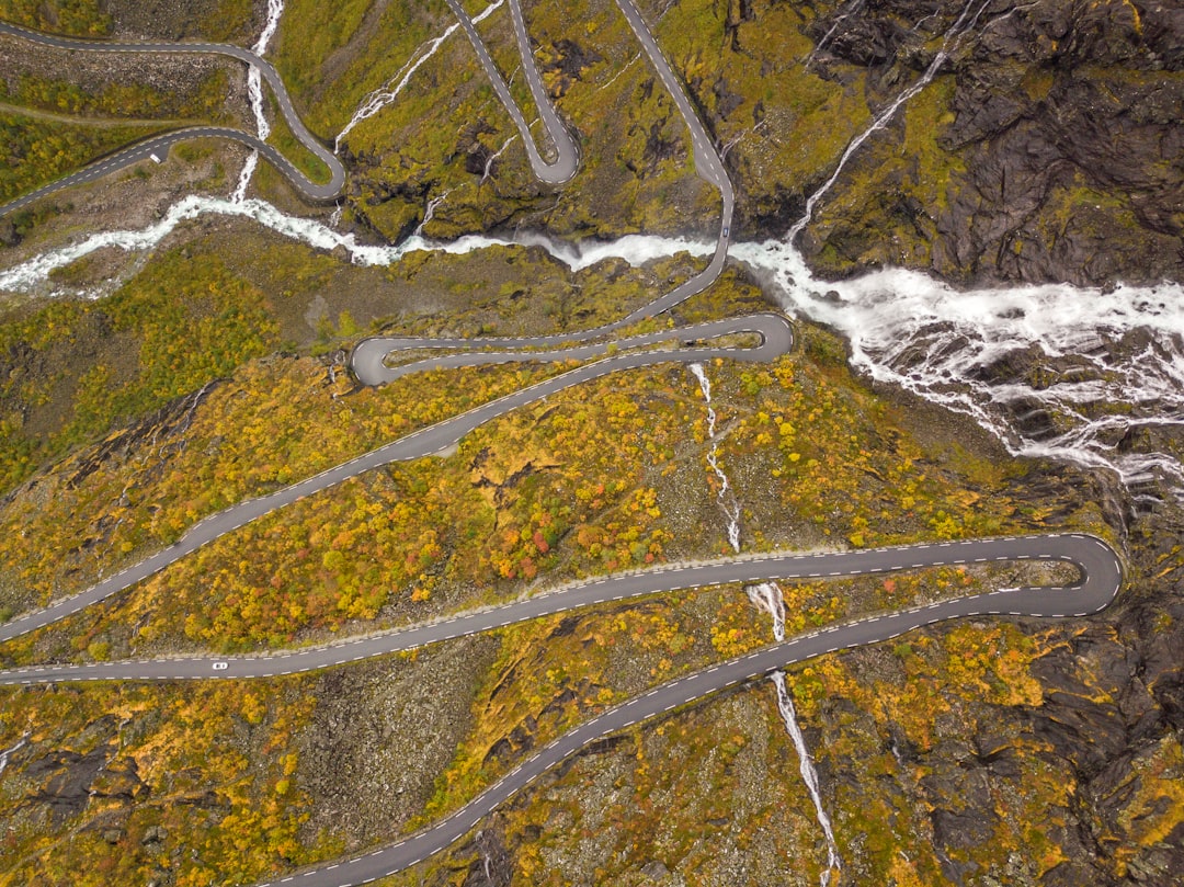 aerial view of zig-zag road