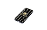 A smartphone case with a black background featuring a pattern of the word 'Champion' repeated across it. The design includes the iconic Champion logo in a larger size in the center.
