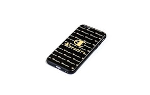 A smartphone case with a black background featuring a pattern of the word 'Champion' repeated across it. The design includes the iconic Champion logo in a larger size in the center.
