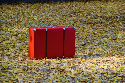 A vibrant red expandable suitcase standing on a beach boardwalk at sunset.