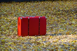 A vibrant red expandable suitcase standing upright on a wooden floor with travel tags attached.