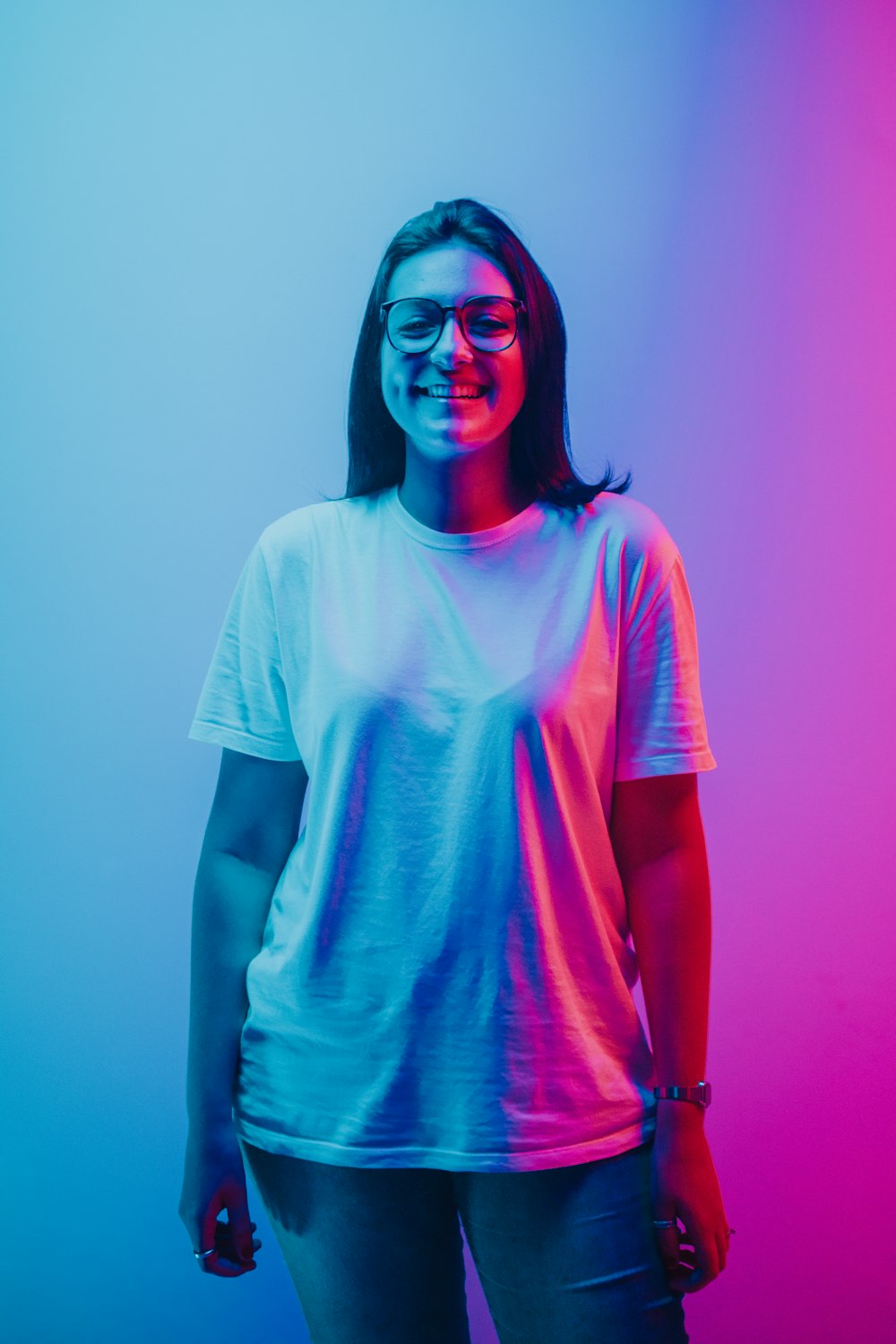 woman wearing eyeglasses and white t-shirt