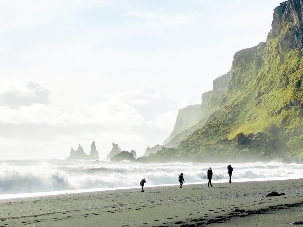 3 persons at shore near mountains during daytime