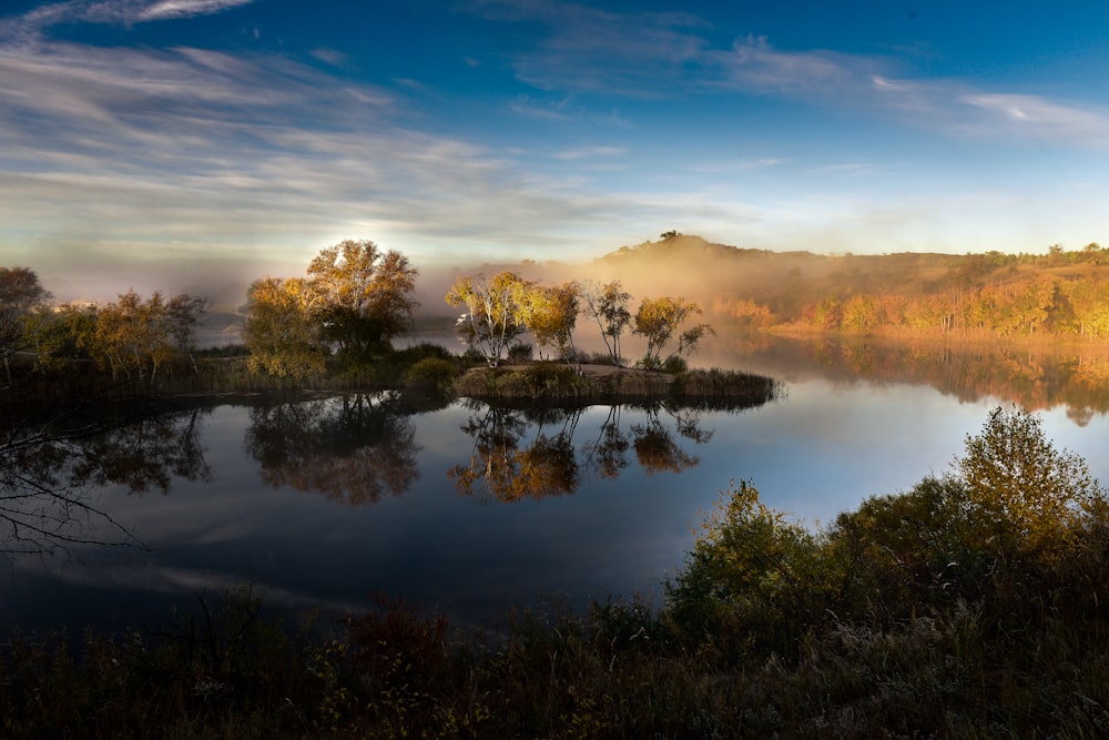 landscape view of lake under cloudy sky