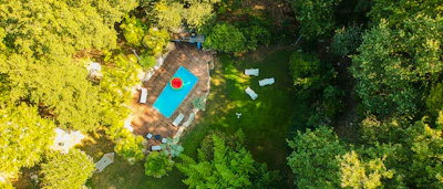 Aerial view of a newly remodeled pool surrounded by lush greenery and elegant deck.