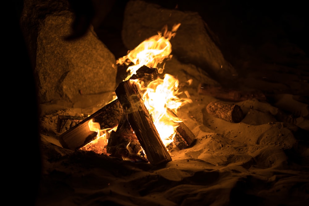 lit bonfire on sand