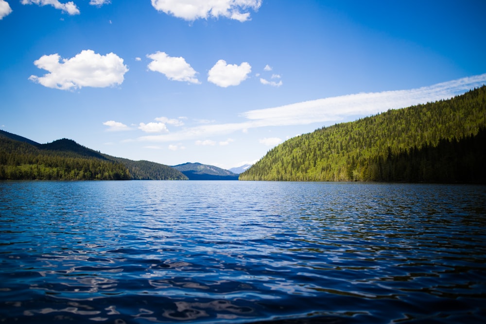 calm body of water near mountain during daytime