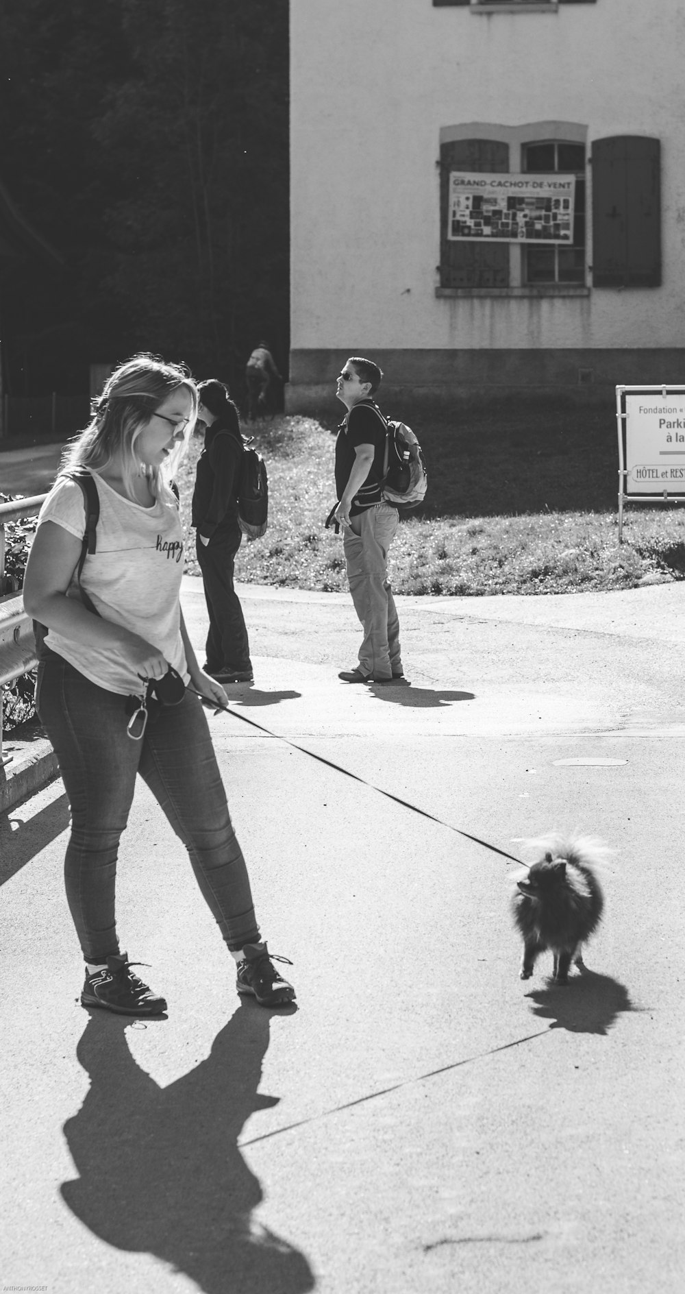 greyscale photo of woman walking the dog