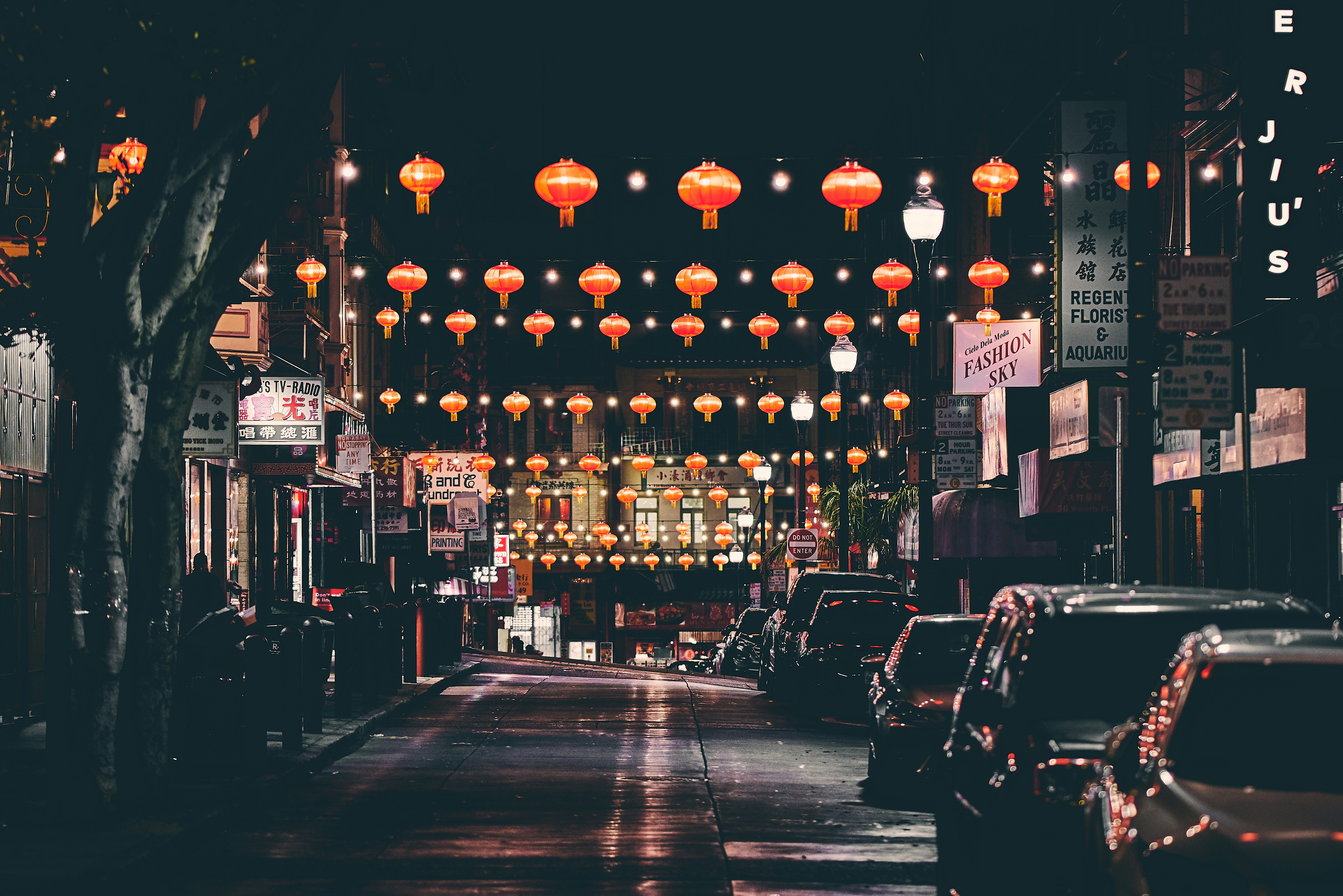 Chinese lanterns on street at night, Lanterns in Chinatown
