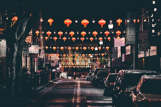 Chinese lanterns on street at night in Chinatown United States