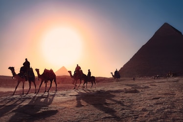 five persons riding camels walking on sand beside Pyramid of Egypt