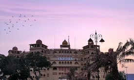 A large building with traditional architectural elements features multiple domes and arched windows. The facade displays the word 'INDIA' prominently. Palm trees and other vegetation partially obscure the view, while a flock of birds flies across a gradient sky transitioning from pink to purple. Street lamps add a decorative element to the scene.