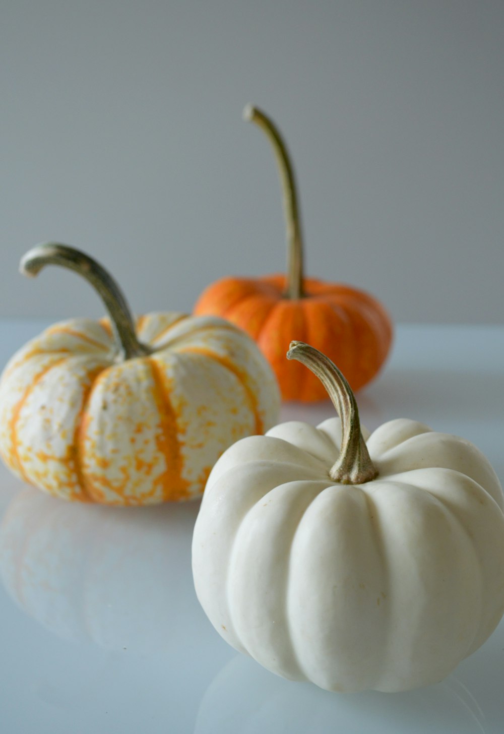 two white and one orange pumpkins on white surface