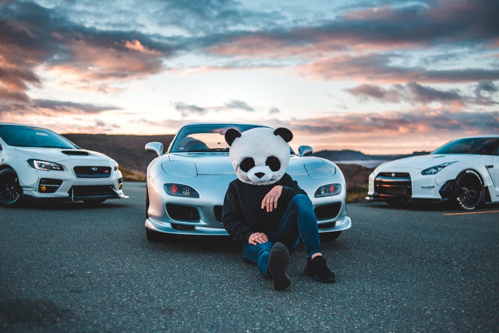 person wearing panda bear mask sitting beside silver vehicle