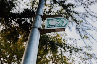 A metal pole holds a green directional sign pointing to the right, labeled 'Riders Route' with additional text 'Ridgeway'. The background features a canopy of tree branches with green foliage against a clear sky.