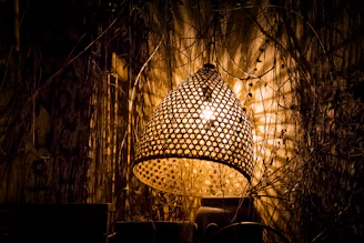 A pastoral woven wall lamp illuminating a textured wall, adding a touch of nature indoors.