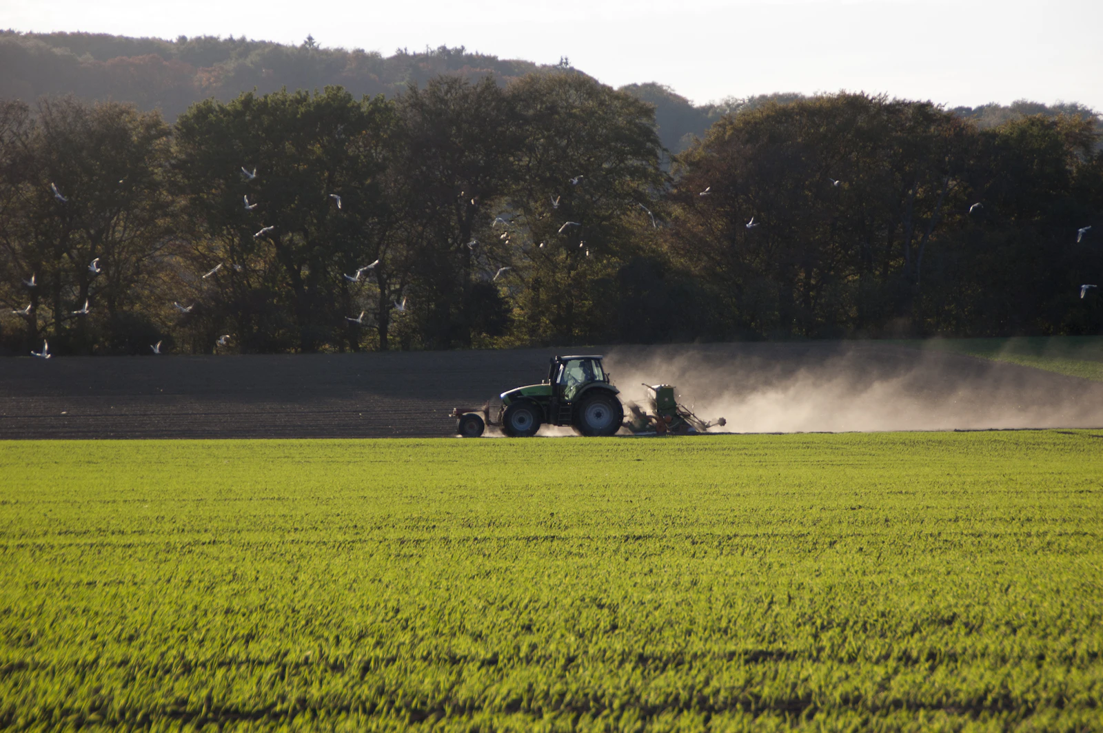 A black tractor on green fields during daytime