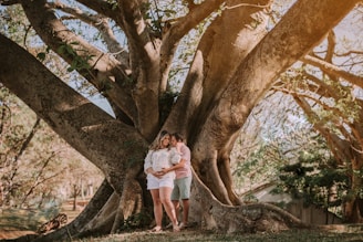 A couple embraces beneath the sprawling branches of an ancient baobab tree, sunlight filtering softly through vibrant green leaves.