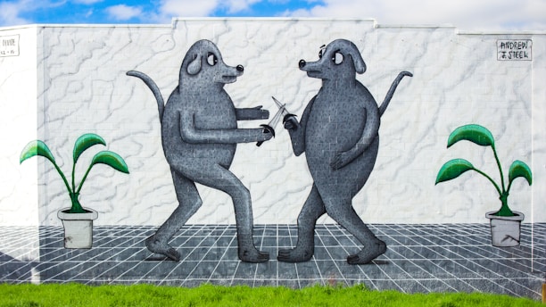 An artistic depiction of a philosophical dog symbolizing creativity and community.