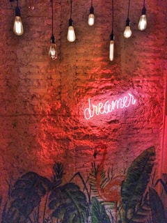 A rustic brick wall decorated with hanging vintage light bulbs. A neon sign reading 'dreamer' glows in pink against the wall. The lower part features a mural of large leafy plants and a flamingo.