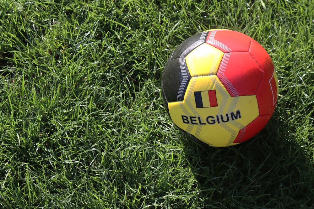 芝生の上の赤と黄色のベルギーのサッカーボール