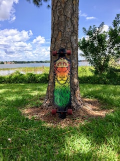 A longboard cruising smoothly down a tree-lined street on a sunny day.