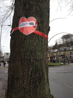 A large tree with a heart-shaped sign attached to its trunk, reading 'SAVE ME' in bold letters. The sign is secured with a red ribbon wrapped around the tree. In the background, there is an urban street scene with houses, a road, and a traffic sign indicating the presence of traffic enforcement cameras.