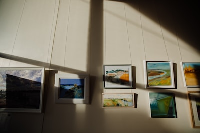 Colorful canvases displayed along a sunlit gallery wall.