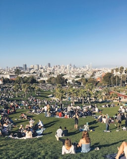 A vibrant community gathering in a park with people enjoying various activities together.