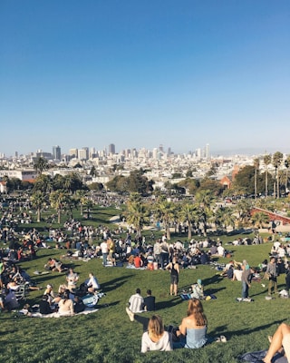 A vibrant park scene with numerous people gathered on lush green grass, engaging in leisure activities. Palm trees are scattered throughout, and in the background, a city skyline looms with a clear blue sky above.