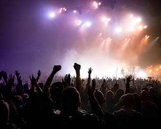 crowd facing lighted stage