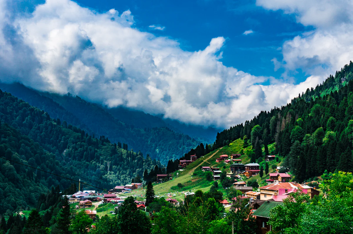 Wooden houses with red roofs on a green slope at Ayder, with forested mountains and white clouds behind