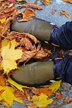 A pair of feet wearing polka-dotted shoes stand amidst a scattering of dry autumn leaves on a stone pavement. The leaves vary in color, predominantly featuring shades of yellow and brown, creating a seasonal autumnal scene.