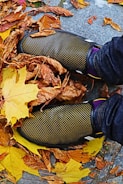 A pair of feet wearing polka-dotted shoes stand amidst a scattering of dry autumn leaves on a stone pavement. The leaves vary in color, predominantly featuring shades of yellow and brown, creating a seasonal autumnal scene.