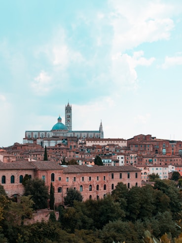 A scenic view of an Italian cityscape with old brick buildings and a prominent cathedral featuring a large dome and bell tower. The foreground is filled with lush greenery, and the sky above is partly cloudy with a light blue hue.