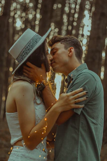 Illustration of a blooming enchanted forest where two lovers meet beneath twinkling fairy lights.