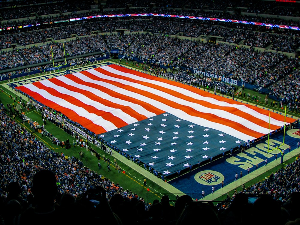 bird's eye view of US flag on football field