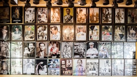 A collection of framed photographs on a wall, featuring a variety of historical and formal portraits of a person in different settings, including military uniforms and traditional attire. Overhead lighting fixtures are visible at the top of the image.