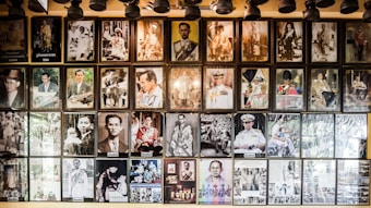 A collection of framed photographs on a wall, featuring a variety of historical and formal portraits of a person in different settings, including military uniforms and traditional attire. Overhead lighting fixtures are visible at the top of the image.