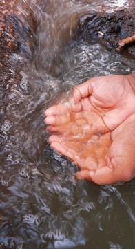 Two cupped hands are immersed in a flowing stream, catching fresh water. The hands are positioned against the backdrop of moving water, with the surrounding environment being earthy and natural.