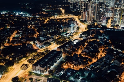 Night view of illuminated commercial buildings