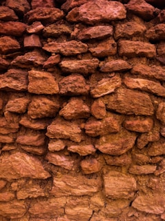 Close-up of a textured red rock wall highlighting natural stone patterns and warm hues