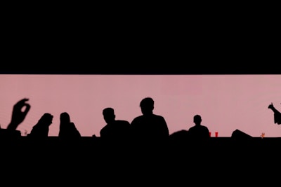 Silhouetted figures are positioned against a light pink rectangle backdrop, suggesting a social setting. There are multiple people visible, with subtle details indicated by the outlines. In the foreground, a hand gesture is noticeable, possibly suggesting a conversational or lively interaction.