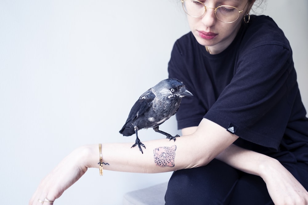 pájaro negro en mano humana