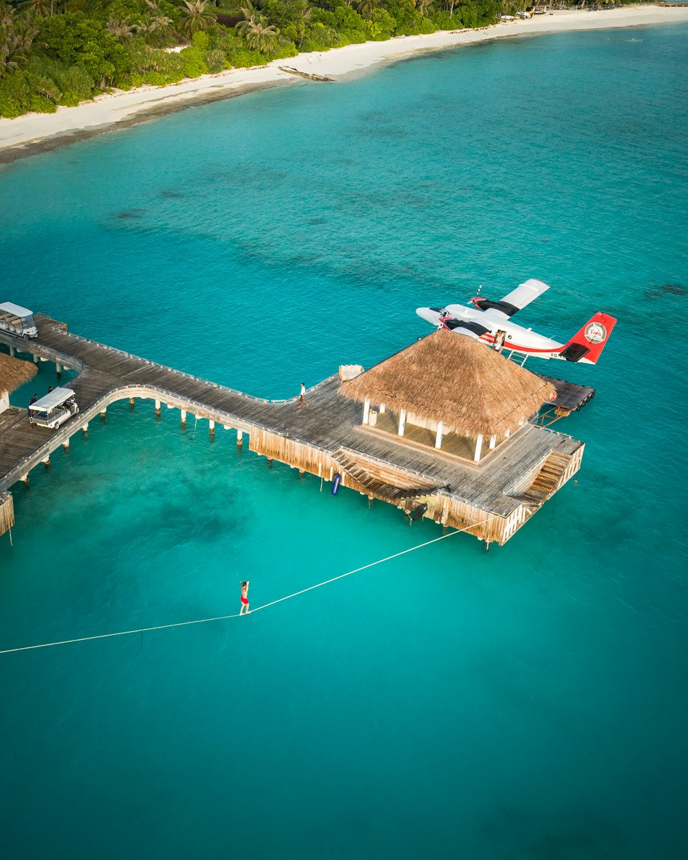 brown wooden cottage beside plane