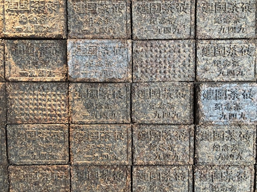 Several compressed blocks with intricate patterns and Chinese characters arranged in a grid formation. Each block appears textured and similar in size, reflecting aged and earthy tones.