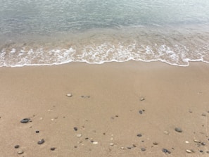 Gentle waves lapping against a sandy shore with scattered seashells