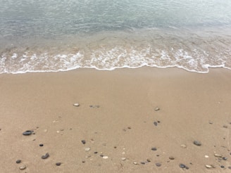 Gentle waves lapping against a sandy shore with scattered seashells