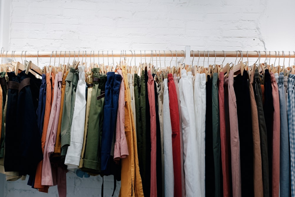 assorted-color clothes lot hanging on wooden wall rack