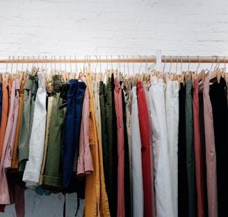 assorted-color clothes lot hanging on wooden wall rack